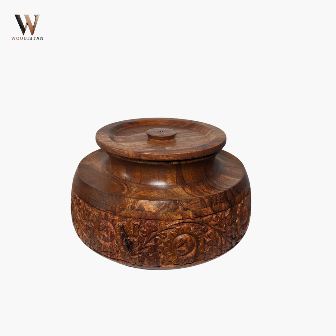 Handmade Wooden Daig Style Chapati Hotpot with Carving Art