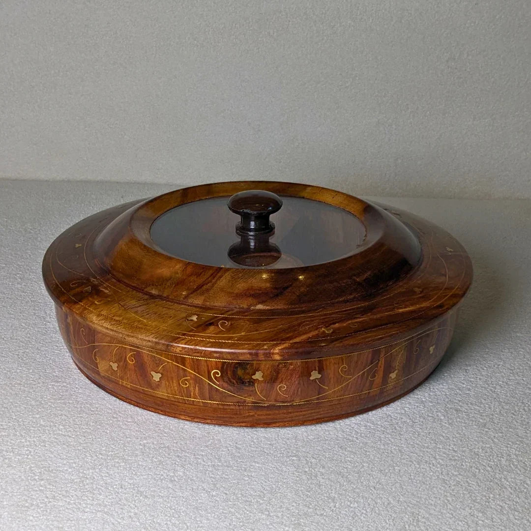 Wooden Dry Fruit Box with Glass Lid & Brass Art - Woodistan