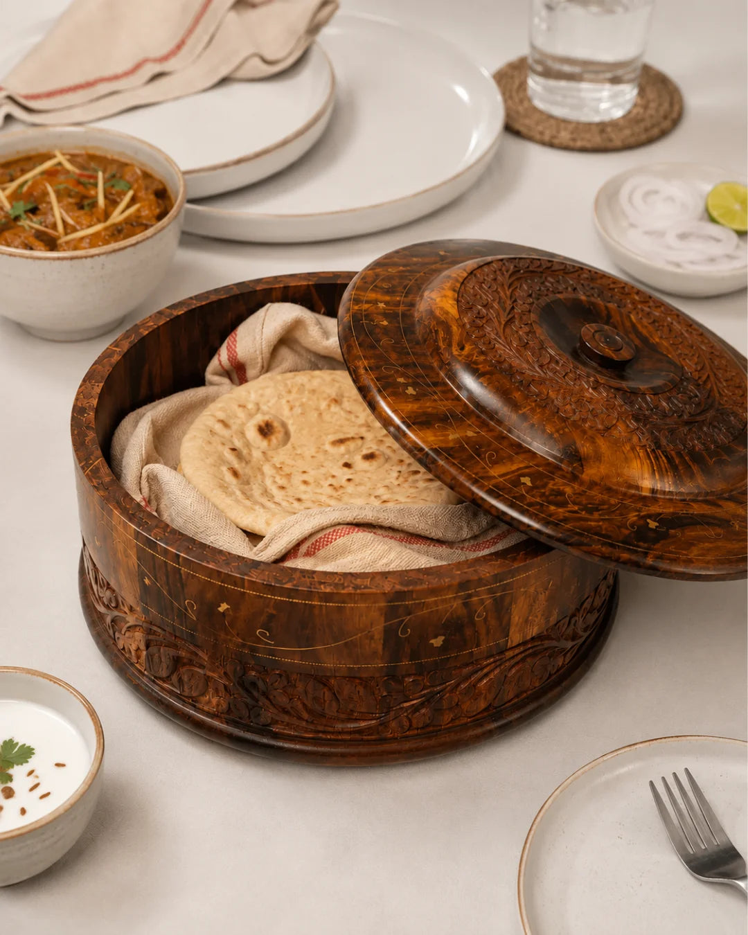 Handcrafted Wooden Chapati Hotpot — Hand-Carved Design with Brass Inlay Artwork