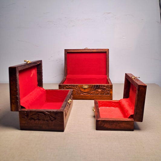 Set of 3 Hand Carved Wooden Jewelry Boxes - 6x9", 7x10", and 8x12"