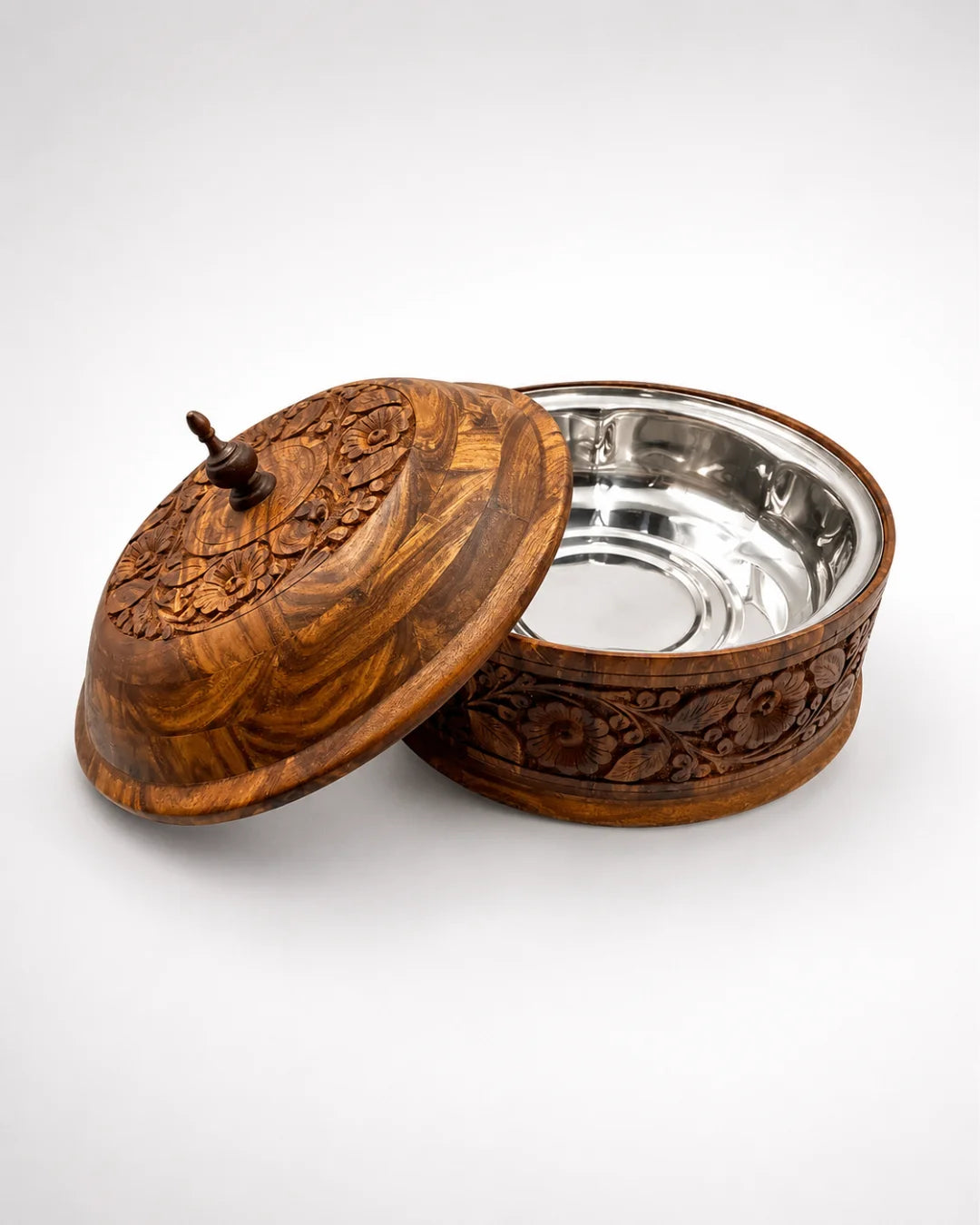 Rustic Handcrafted Wooden Hotpot — Hand-Carved Sheesham with Stainless Steel Inner Bowl