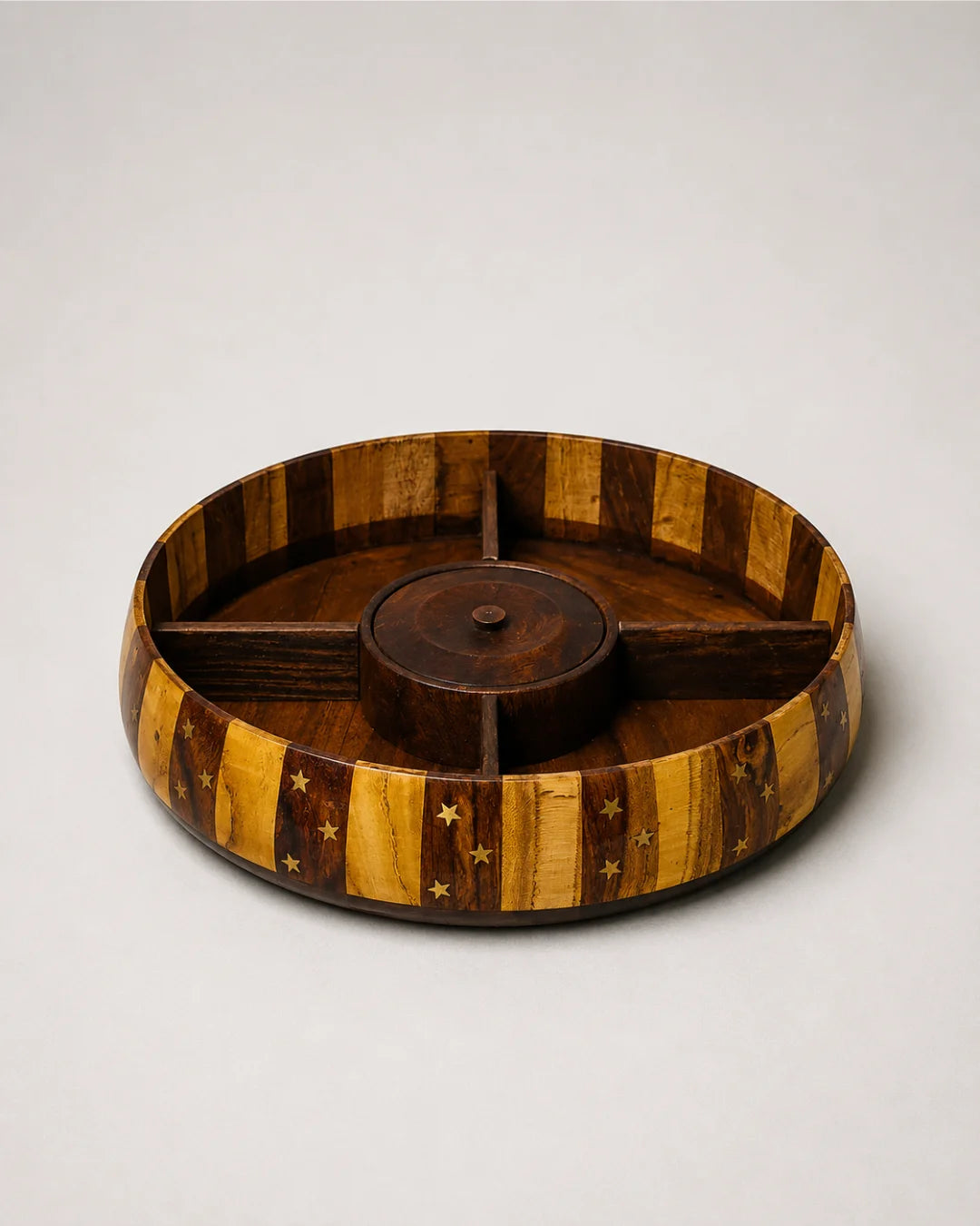 Handcrafted Striped Wooden Dry Fruit Box with Brass Art