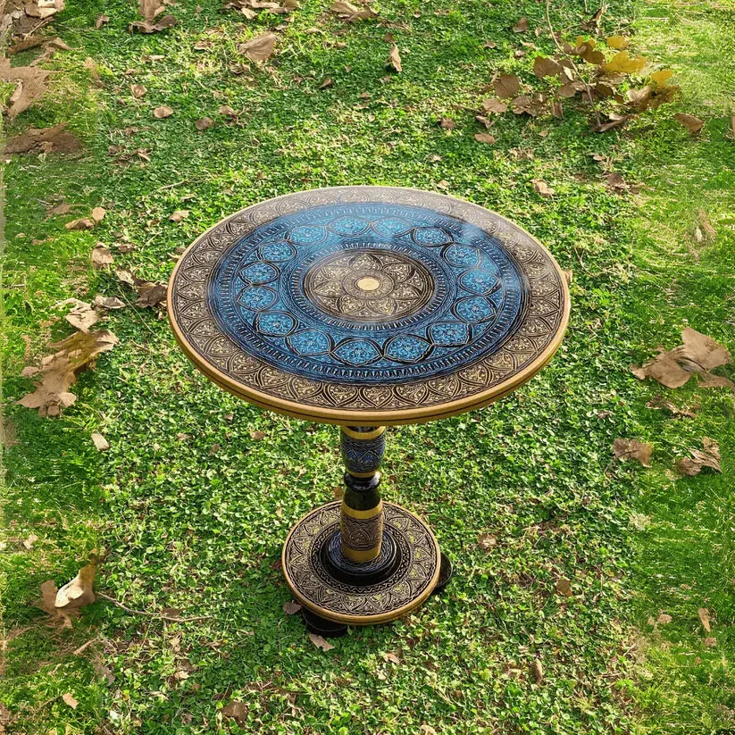 18″ Wooden Round Coffee Table – Royal Blue Naqsheen Design - Woodistan