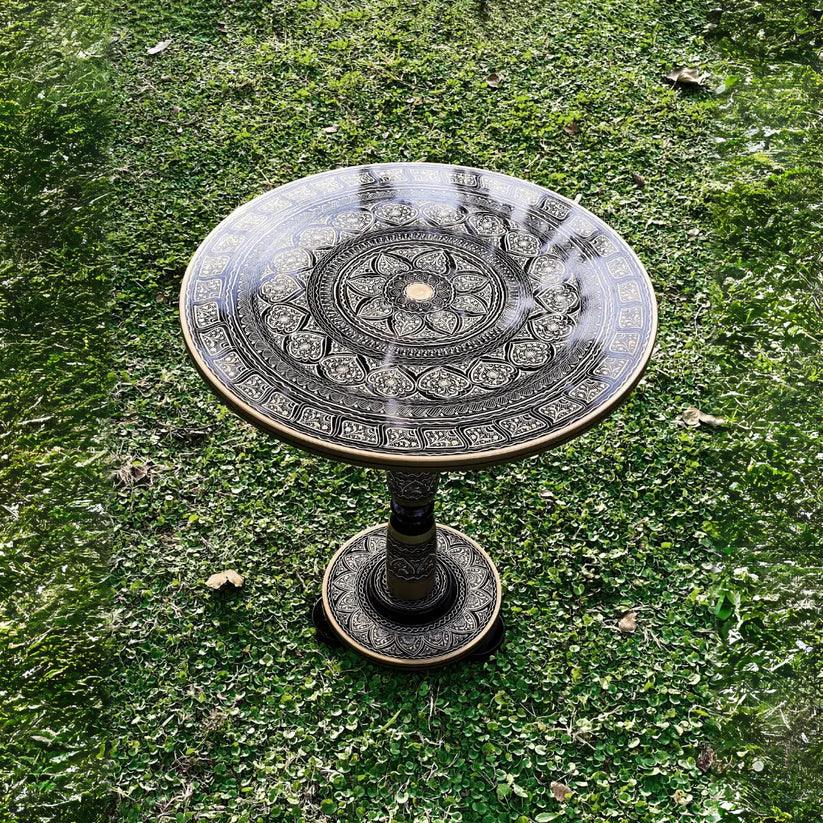 18″ Wooden Round Coffee Table – Midnight Grey Naqsheen Design - Woodistan