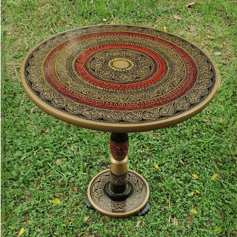 18″ Wooden Round Coffee Table – Regal Red Naqsheen Design - Woodistan