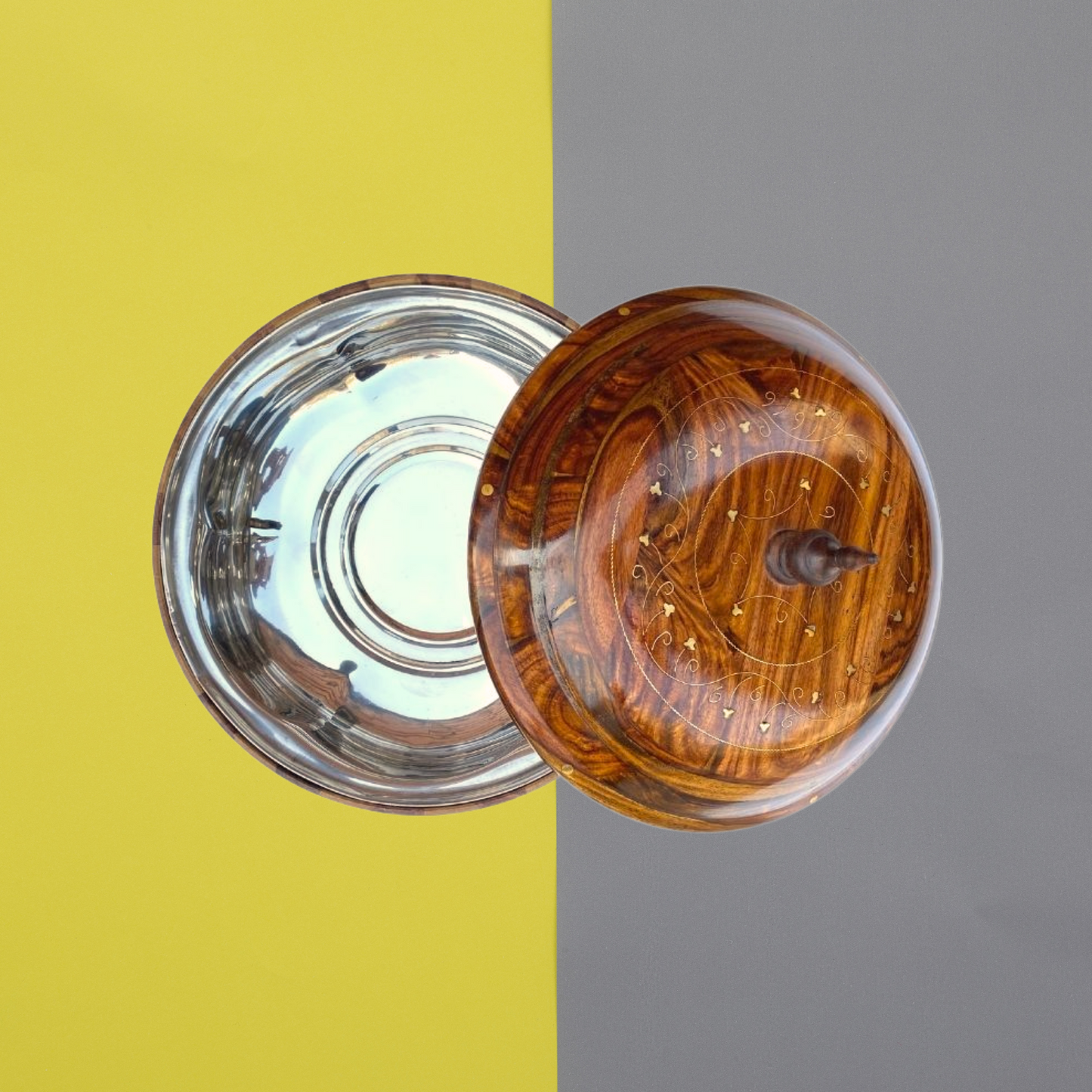 Wooden Handmade Striped Hot Pot with Steel Bowl