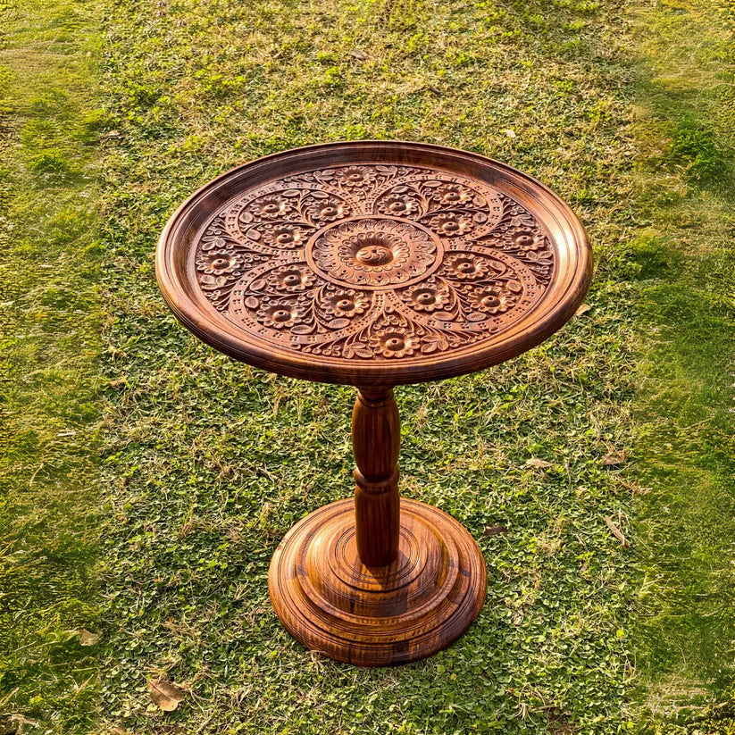 18″ Wooden Round Coffee Table – Carving Art