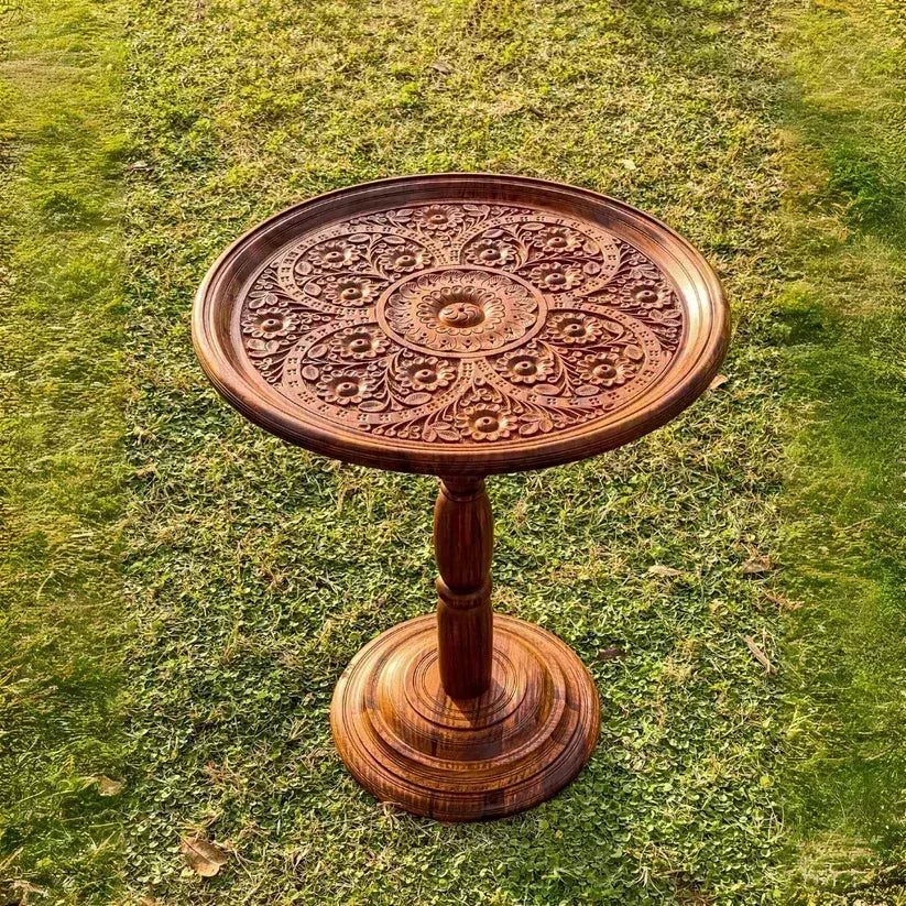 18″ Wooden Round Coffee Table – Carving Art - Woodistan