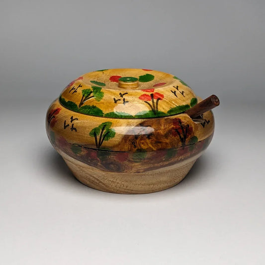 Hand-Painted Wooden Sugar Pot with Lid & Spoon - Woodistan