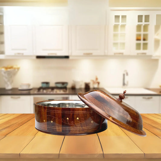 Rustic Wooden Hotpot with Intricate Brass Artistry - Woodistan