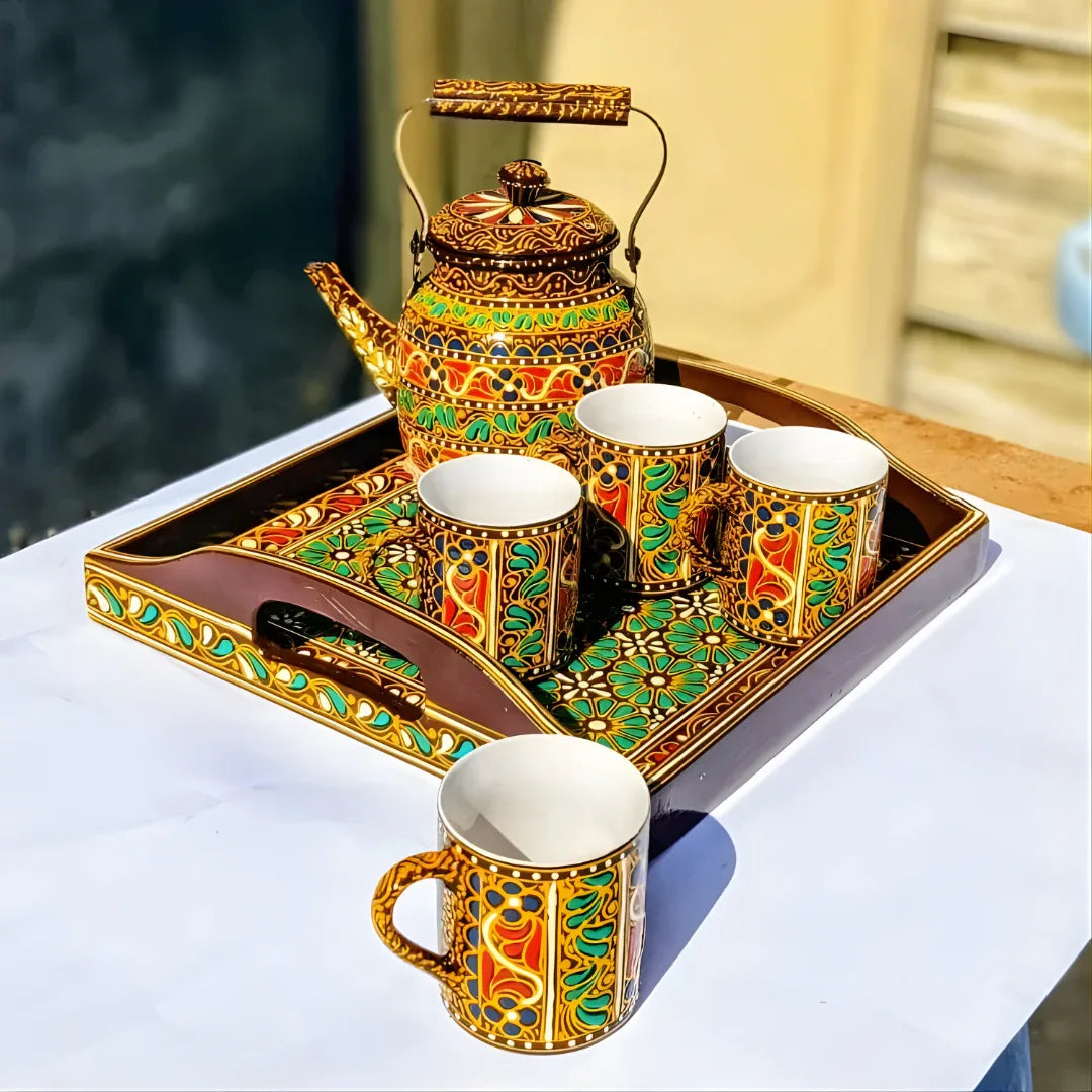 Hand-Painted Swati Art Tea Set | Metal Kettle, Wooden Tray & 4 Ceramic Tea Cups - Woodistan