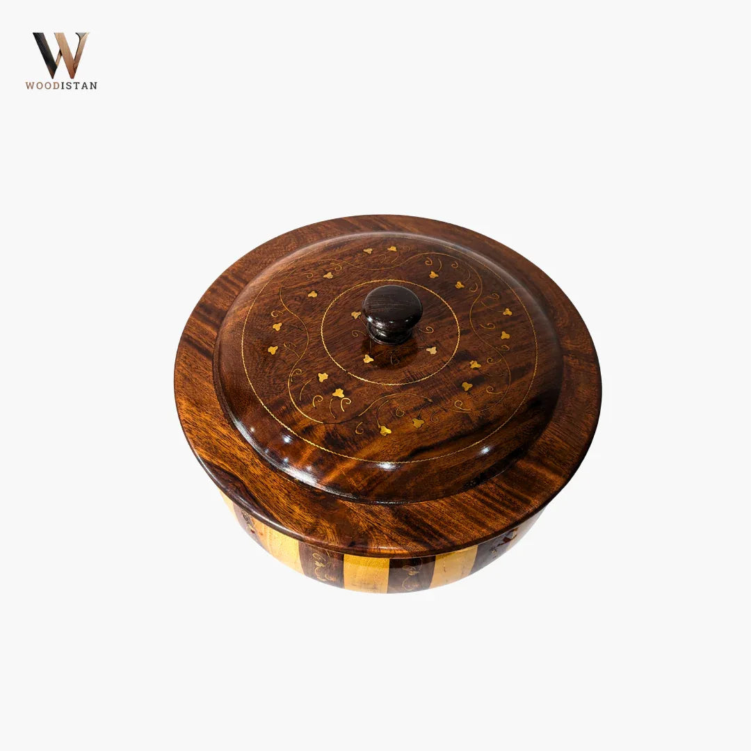 Handmade Wooden Striped Chapati Hotpot with Brass Artistry - Woodistan