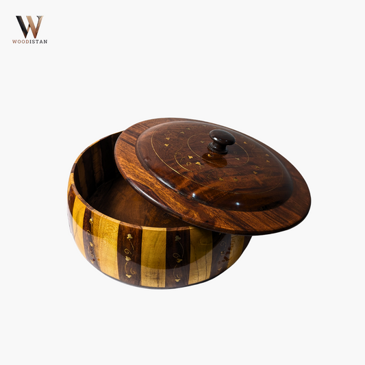 Handmade Wooden Striped Chapati Hotpot with Brass Artistry