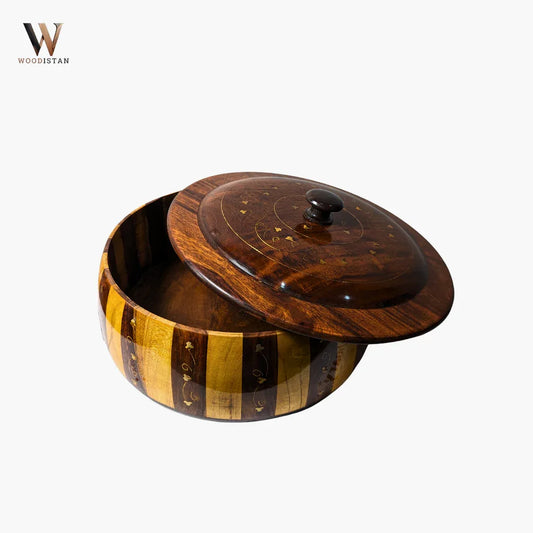 Handmade Wooden Striped Chapati Hotpot with Brass Artistry - Woodistan