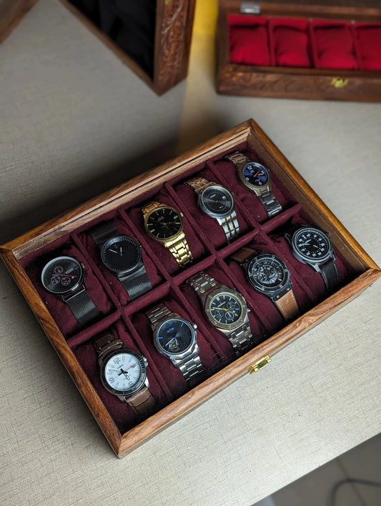 Wooden Watch Box with Glass Lid - Organizer for 10 Watches - Woodistan
