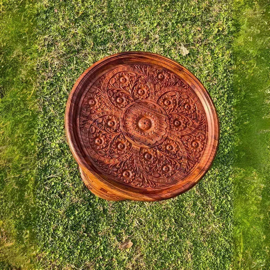 18″ Wooden Round Coffee Table – Carving Art - Woodistan