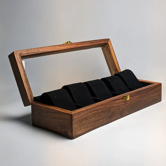 Wooden Watch Box with Glass Lid & Shape-Holding Cushions – Organizer for 5 Watches - Woodistan