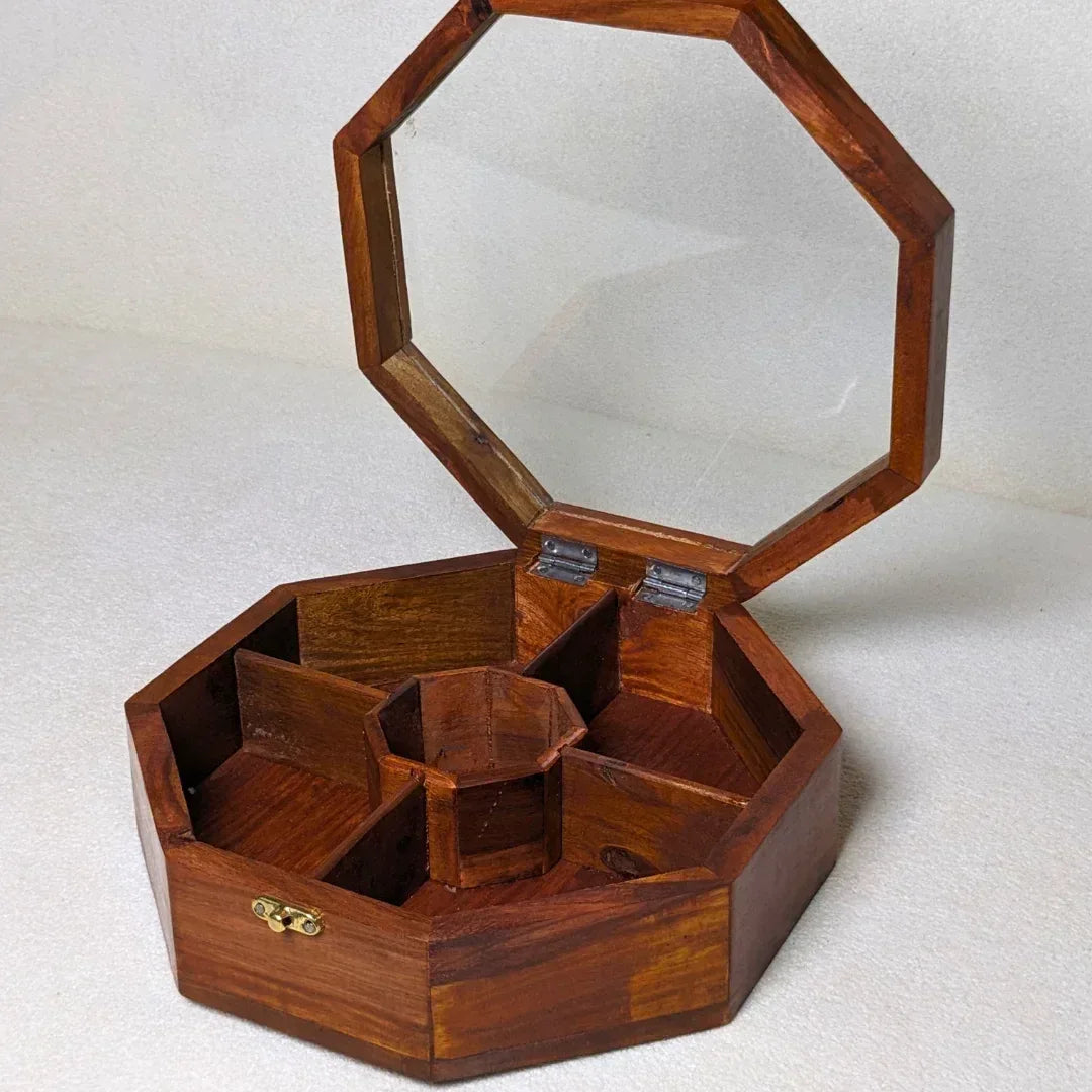 Wooden Octagon Dry Fruit Box with Glass Lid - Woodistan
