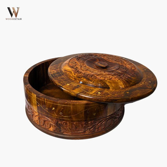 Handmade Wooden Chapati Hotpot with Carving & Brass Artwork - Woodistan