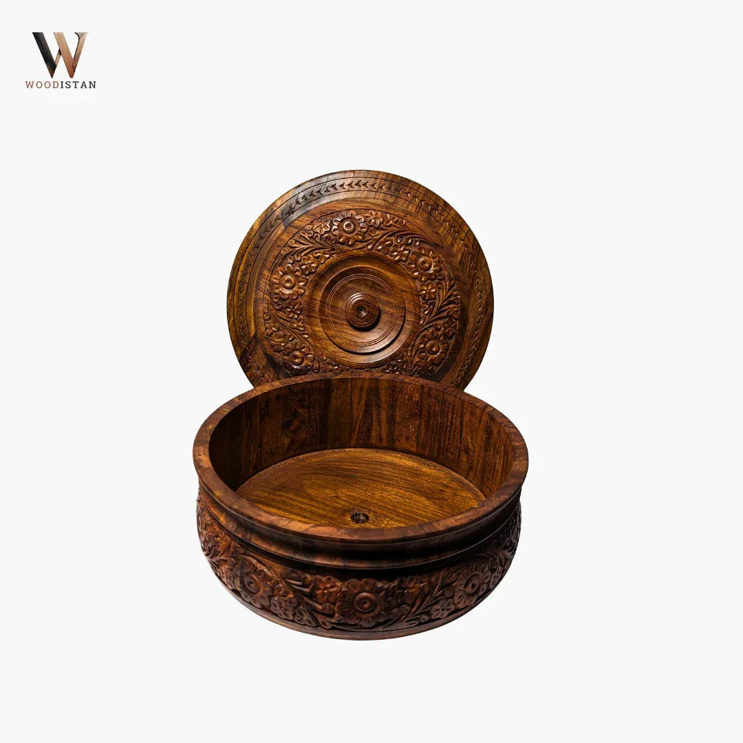 Handmade Wooden Chapati Hotpot with Carving Art - Woodistan