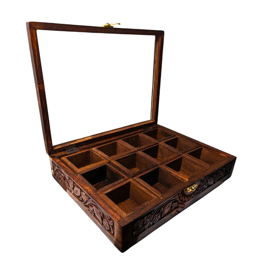 12 Portion Wooden Spices Box with Carving Art - Traditional Kitchen Storage