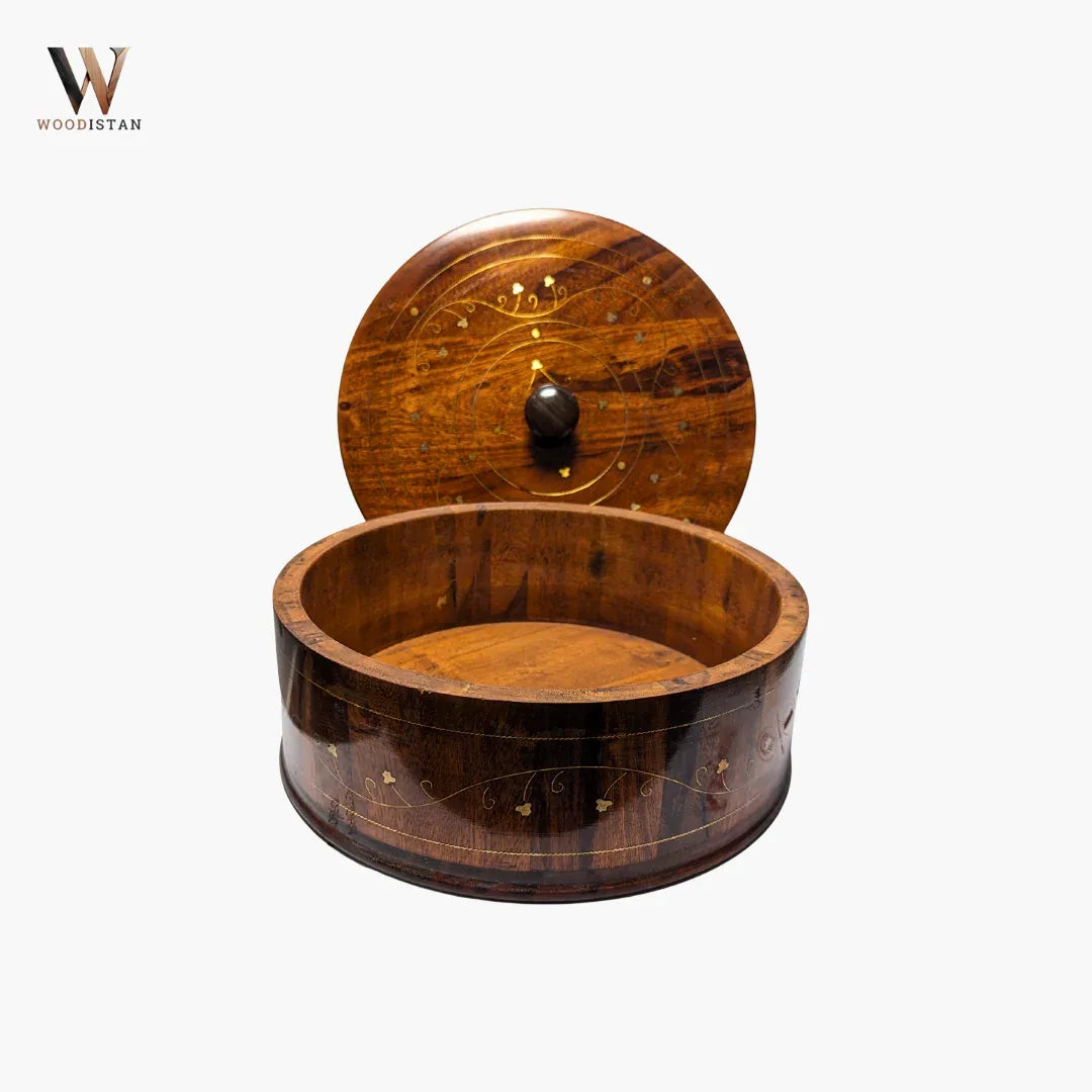 Handmade Wooden Chapati Hotpot with Brass Artwork - Woodistan