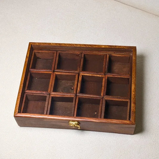 12 Portion Handmade Natural Wood Spices Box - Woodistan