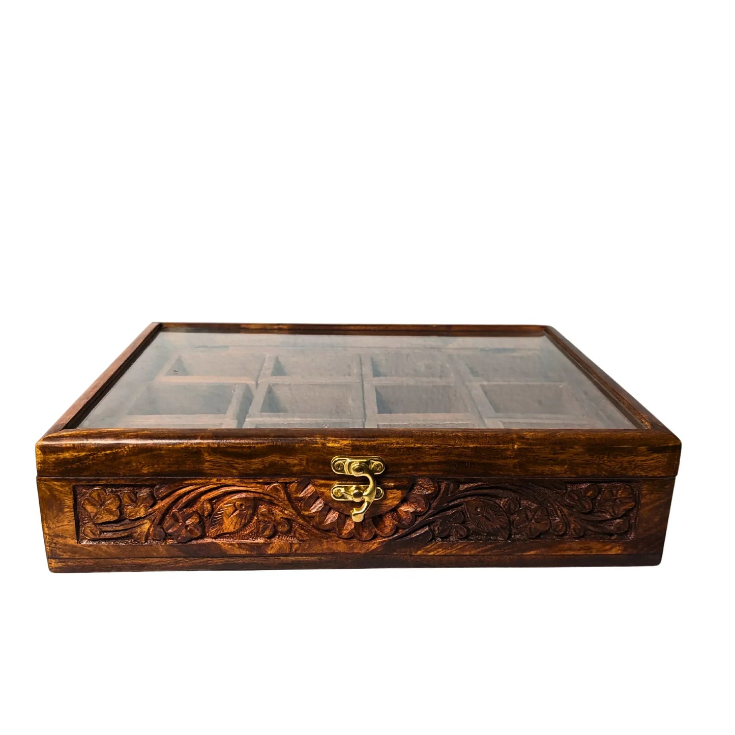 12 Portion Wooden Spices Box with Carving Art - Traditional Kitchen Storage - Woodistan