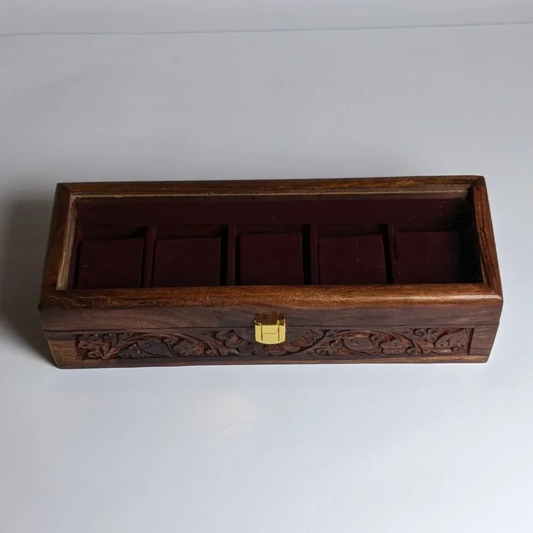 Wooden Watch Box with Glass Lid, Carving Art & Shape-Holding Cushions – Organizer for 5 Watches - Woodistan