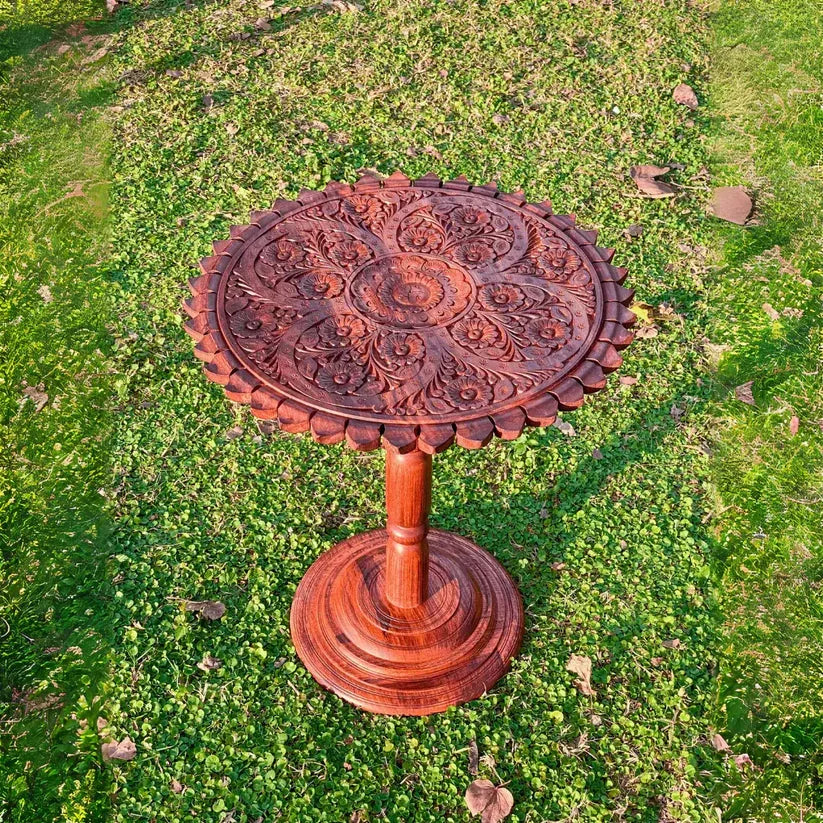 18″ Wooden Round Corner Table – Carving Art - Woodistan