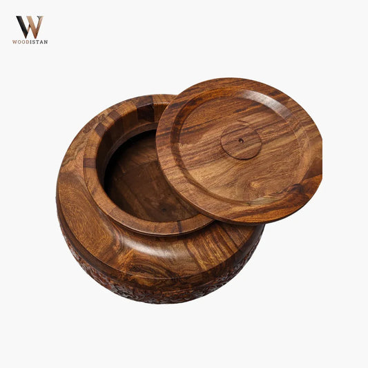 Handmade Wooden Daig Style Chapati Hotpot with Carving Art - Woodistan