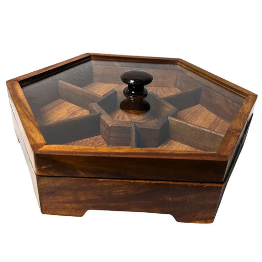 Handcrafted Wooden Dry Fruit Box with Glass Lid with 7 Compartments - Woodistan