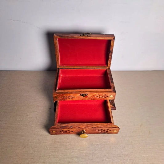 Hand-Carved Shesham Wood Jewelry Box with Drawer - 7x10 Inches - Woodistan