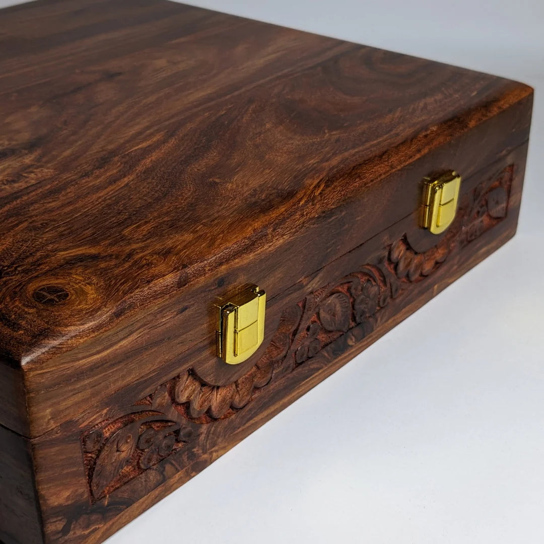 Wooden Watch Box with Plain Top, Carving Art & Shape-Holding Cushions – Organizer for 15 Watches