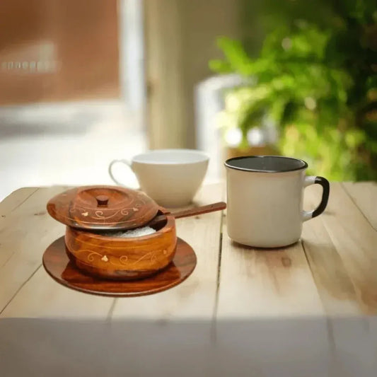 Wooden Sugar Pot with Brass Engraving - Woodistan