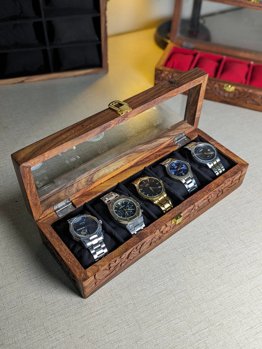 Handmade Wooden Watch Organizer Box with Glass Lid & Carving Art - for 5 Watches