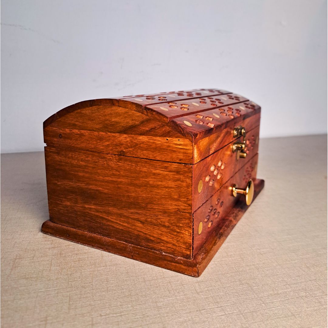 Hand-Carved Shesham Wood Jewelry Box with Drawer - 7x10 Inches