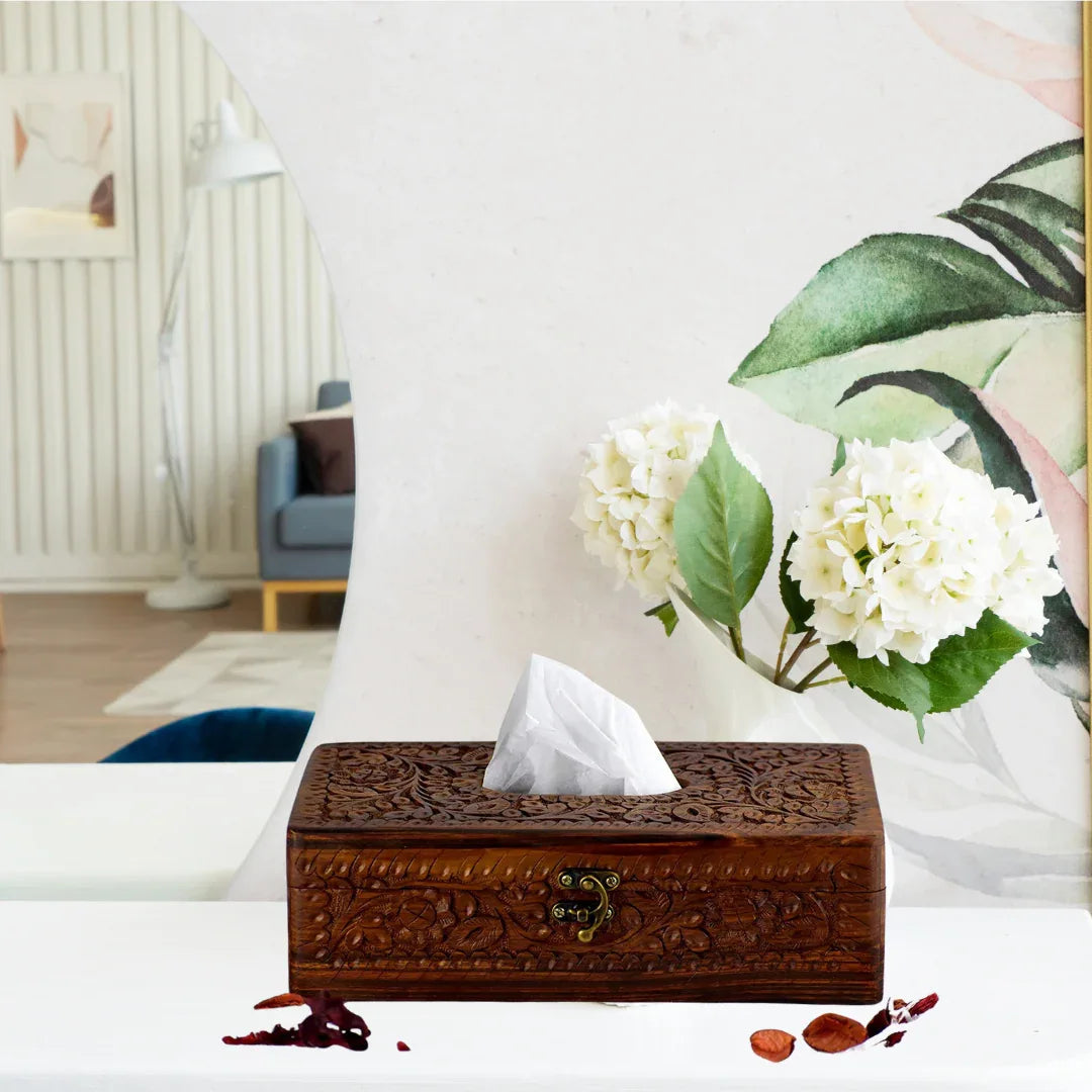 Wooden Tissue Box Holder Carving Art - Woodistan