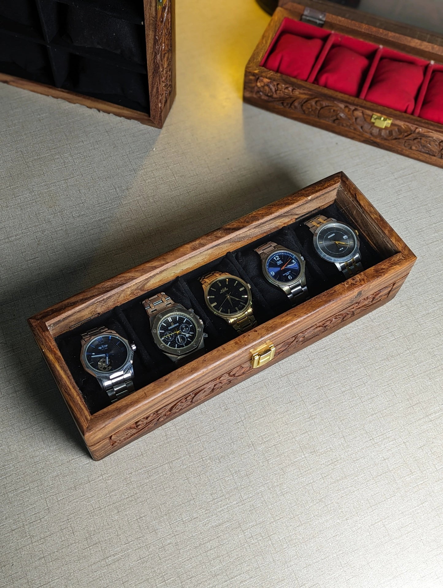 Handmade Wooden Watch Organizer Box with Glass Lid & Carving Art - for 5 Watches