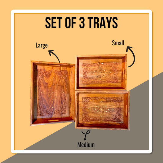 Hand Carved Wooden Tray Set (3 Trays)