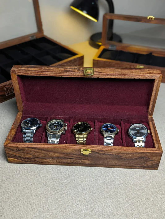 Customize Wooden Watch Organizer Box (With Name )- for 5 Watches - Woodistan
