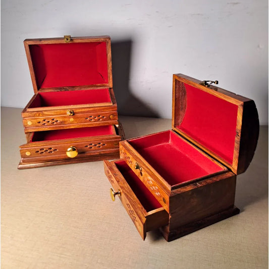 Set of 2 Hand-Carved Shesham Wood Jewelry Boxes - 9x12" and 7x10" - Woodistan