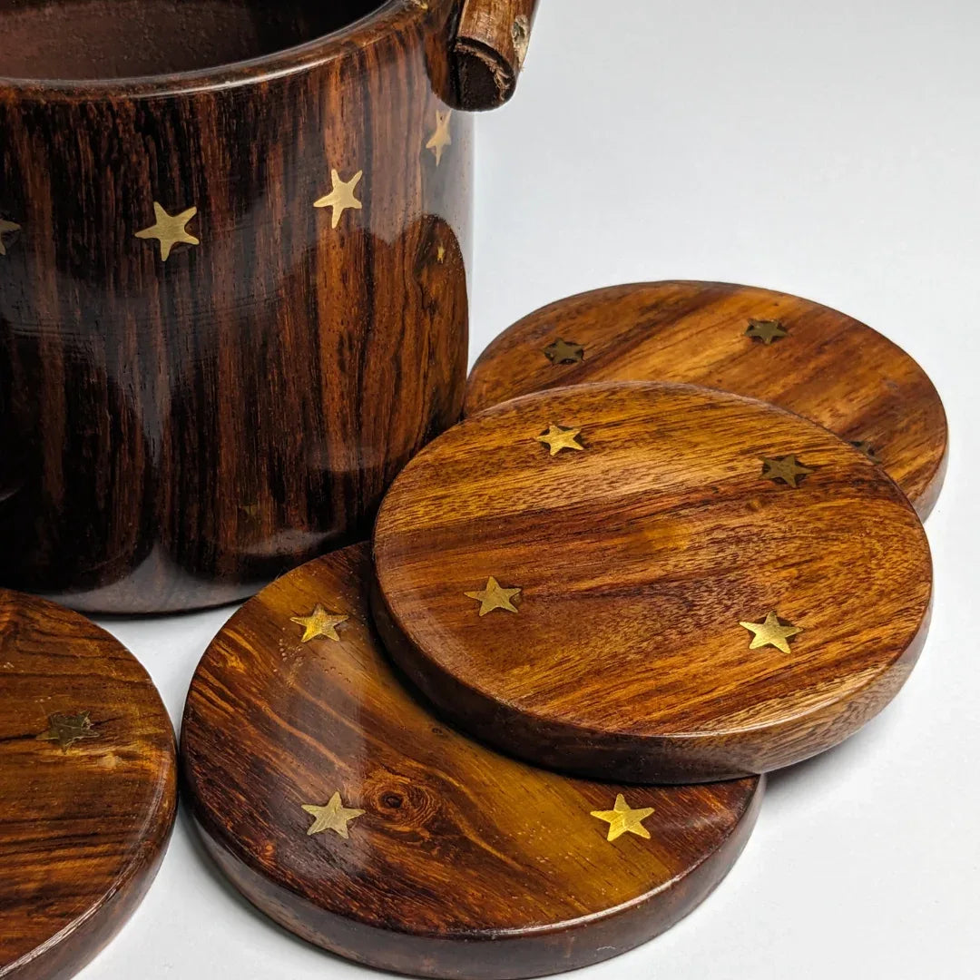 Wooden Tea Coaster Set with Bucket - Woodistan