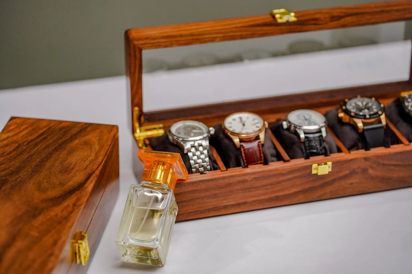 Handmade Wooden Watch Organizer Box with Glass Lid - for 5 Watches