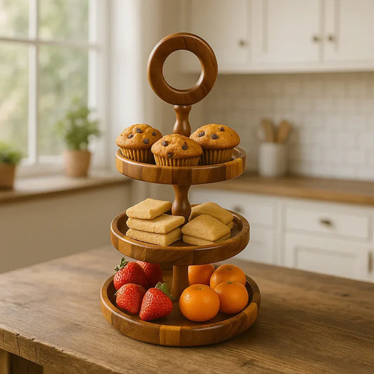 Wooden 3 Tier Round Serving Station - Checkered Pattern - Woodistan
