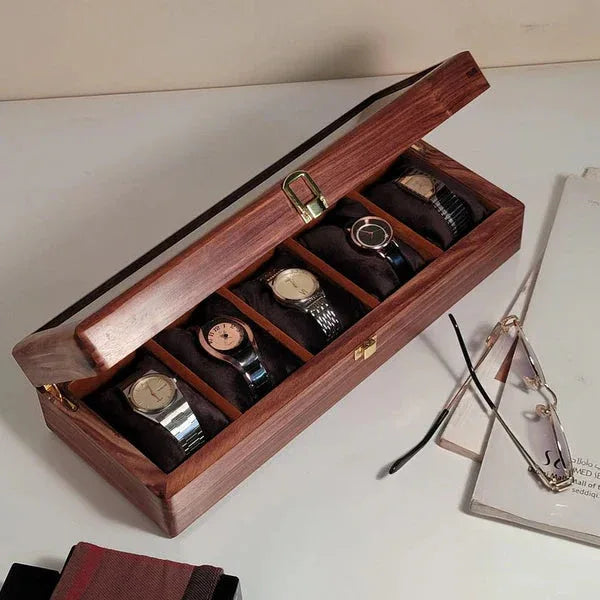 Wooden Watch Box with Glass Lid - Organizer for 5 Watches - Woodistan