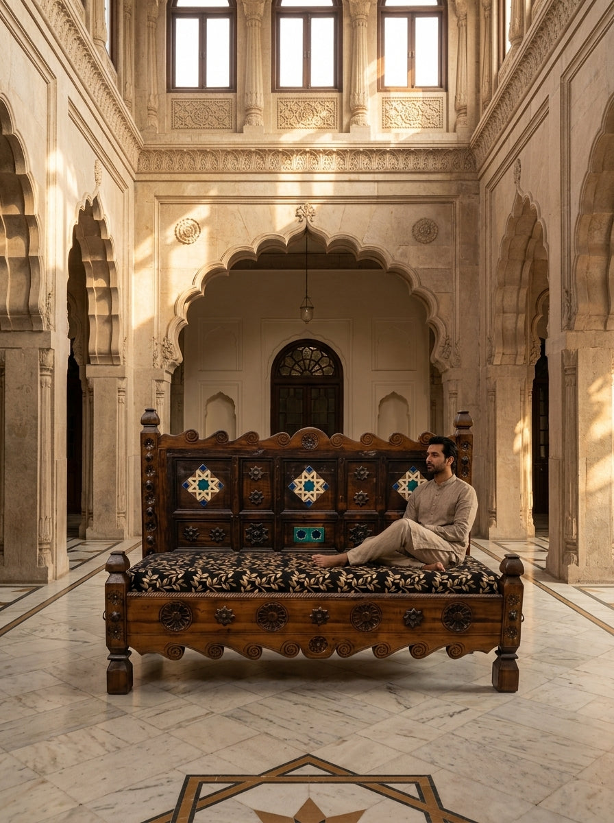 Hand-Carved Swati Wooden Bench – Two Seater Indoor Sitting Bench with Tile Inlay