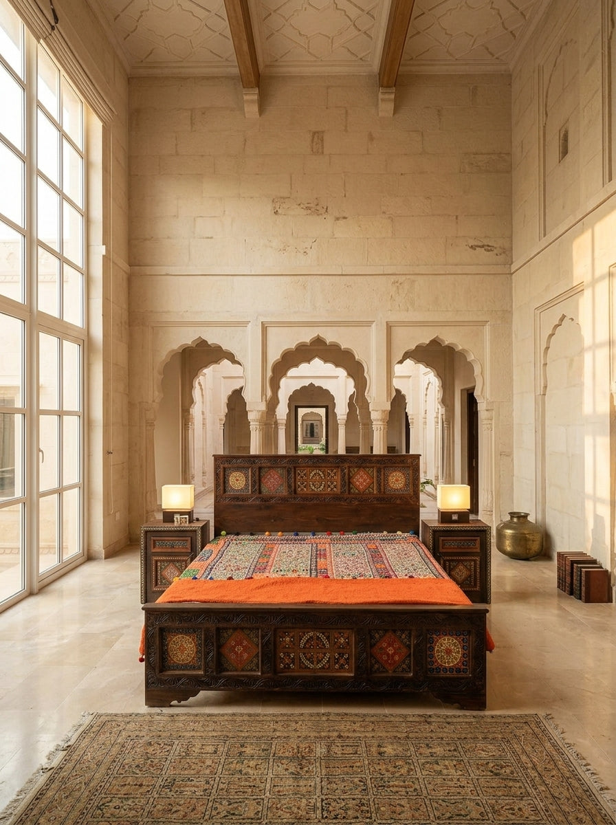 Hand-Carved Wooden Swati Bed Frame with Matching Nightstands