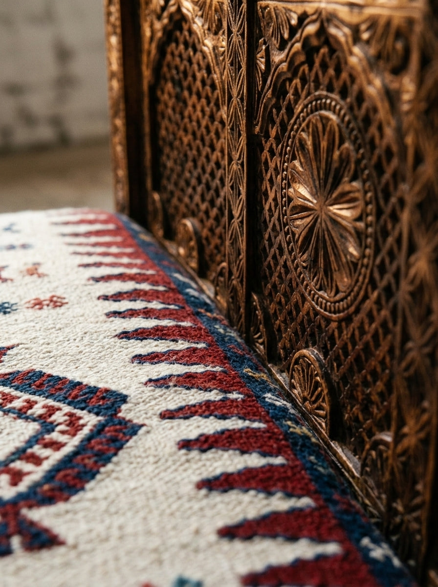 Hand-Carved Swati Wooden Bench with Upholstered Seat