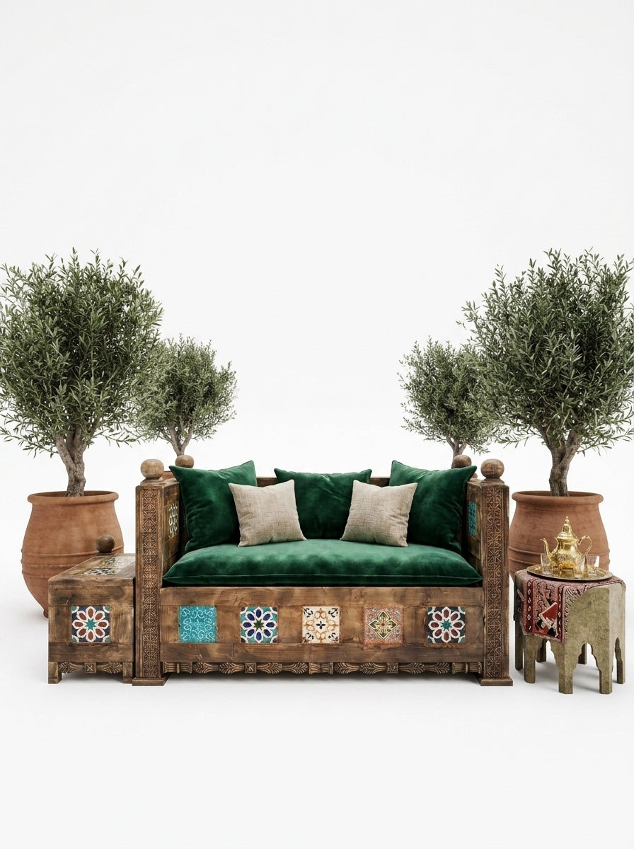 Hand-Carved Swati Art Wooden Bench – Traditional Tile Inlay 2 Seater Bench
